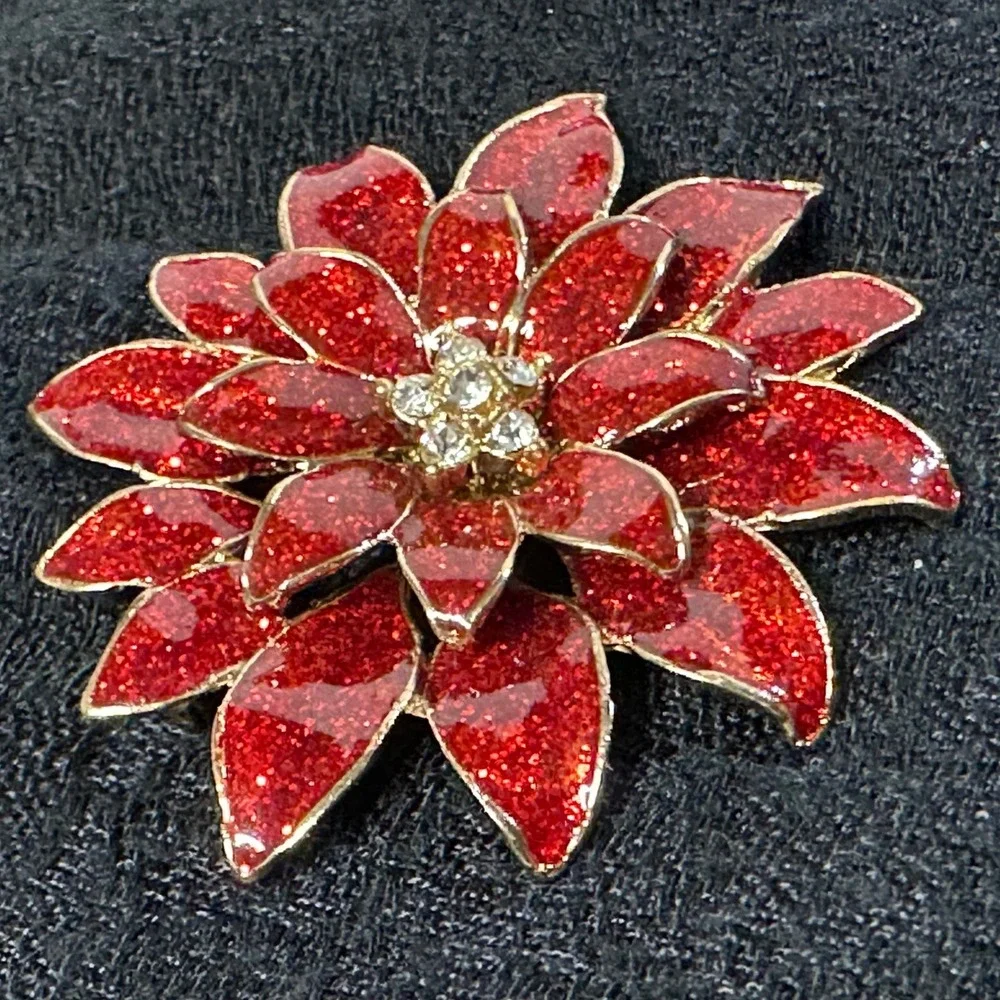 Vintage Poinsettia Brooch Red Glitter Enamel Rhinestone‎ Christmas Pin